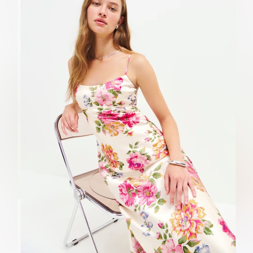 Reformation Cream Floral Satin Maxi Dress with Pink & Green Blooms